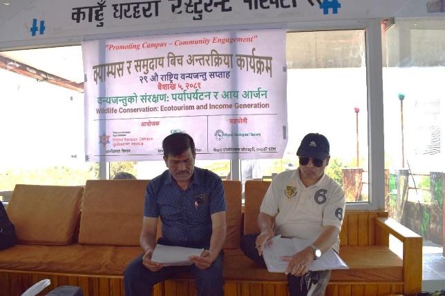 May be an image of 2 people and text that says 'ft कार्हह घरहरा PEGet ולוטור け "Promoting Campus -Community Engagement" कयाम्पस र समुदाय बिच अन्तरक्रिया कार्यकम २९ औ राष्ट्िय वन्यजन्तु सप्ताह बैशाखख u २०८१ वन्यजन्तुको संरक्षण: पर्यापर्यटन र आय आर्जन Wildlife Conservation: Ecotourism and Income Generation आयोजक pии Narayan Campus प्व्ीजसावण CIPTIC स्याम्वस ಸಾಯಿರು किभाম सहयोगी pell Zcolagital Seciaty 후아이. ਜेपार सेपानोतंिव्हसोंादरी।यकीयेशय नेपास जोकोदिक सोसाइटी, गंडकी प्रदेवा'